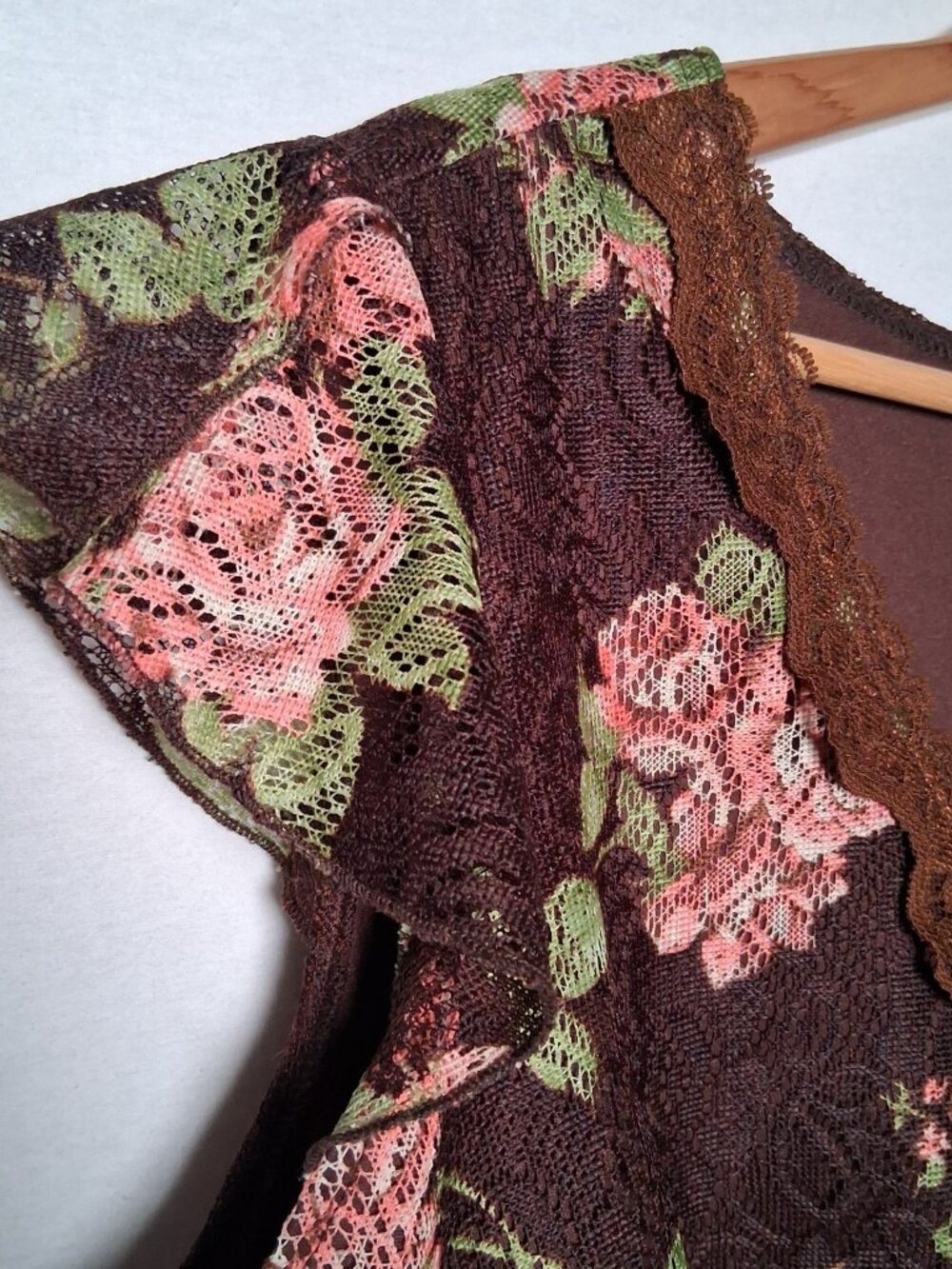 Vintage Y2K First Option Babydoll Top 14/16 Brown Pink Roses Fairy Whimsical - Picture 11 of 16